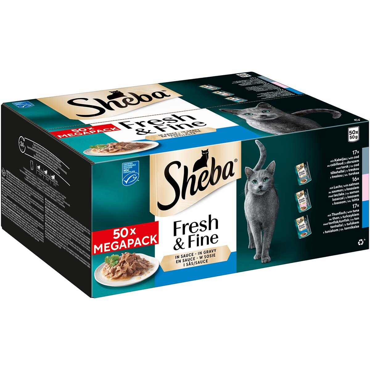 sheba mp pouch treska & losos v omáčce 50x50 g