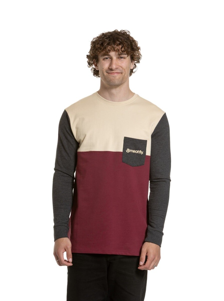 Pánské tričko s dlouhým rukávem meatfly harvey béžová/vínová s