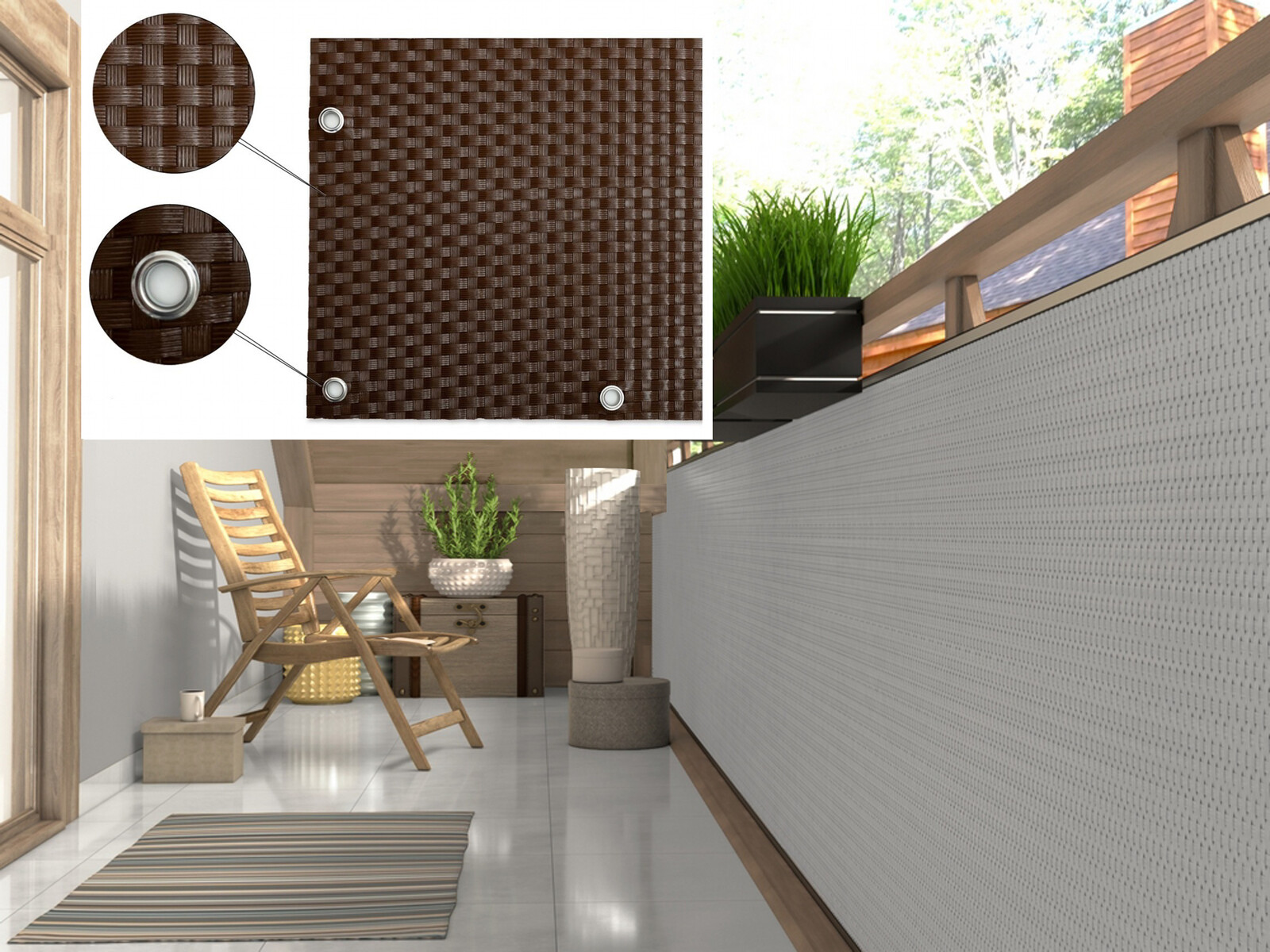 Balkonová ratanová zástěna s očky MALMO, hnědá, výška 110 cm šířka různé rozměry 1300 g/m2 MyBestHome Rozměr: 110x300 cm