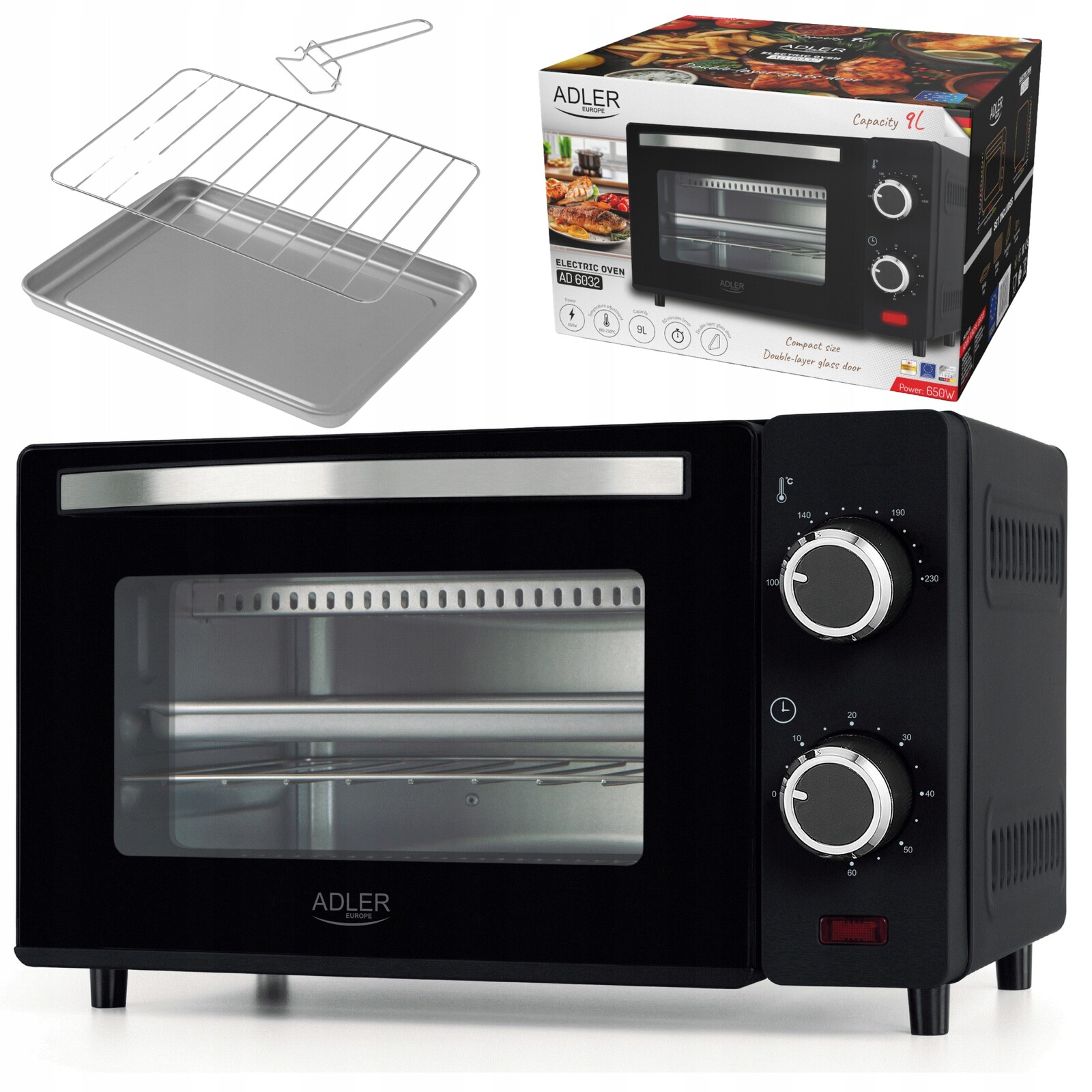 Mini elektrická trouba 9L 650W Regulace teploty Časovač Rošt Plech