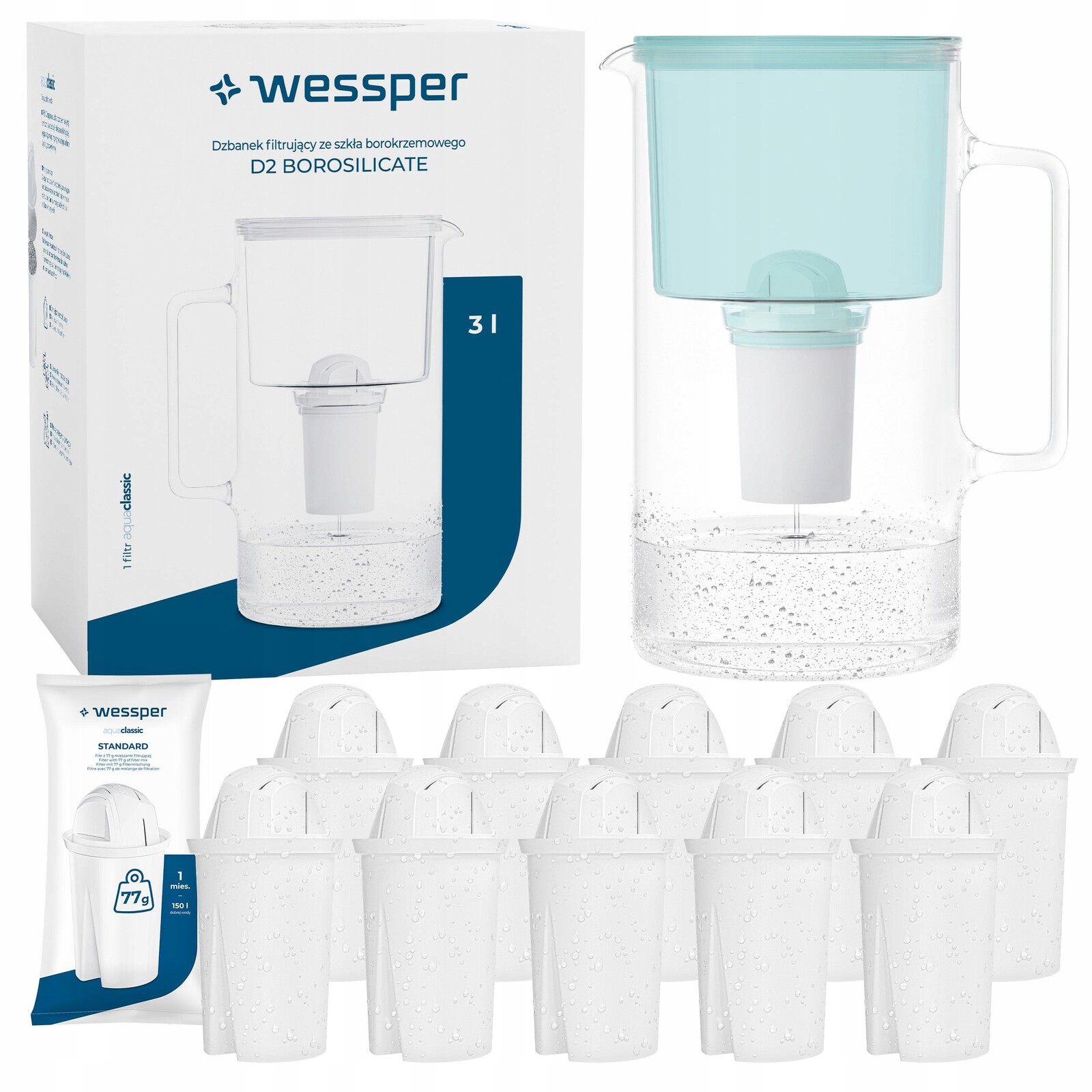 Filtrační konvice skleněná Wessper 3 l Mátová 11 x Filtr aquaclassic 77 g