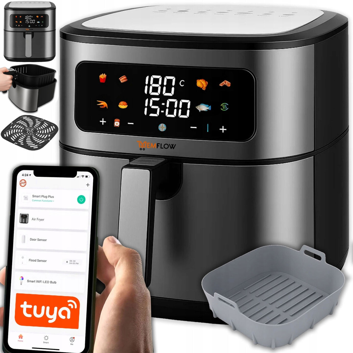 Beztuková Fritéza Airfryer 8 Programů 8 l 1800 W S Aplikací Tuya