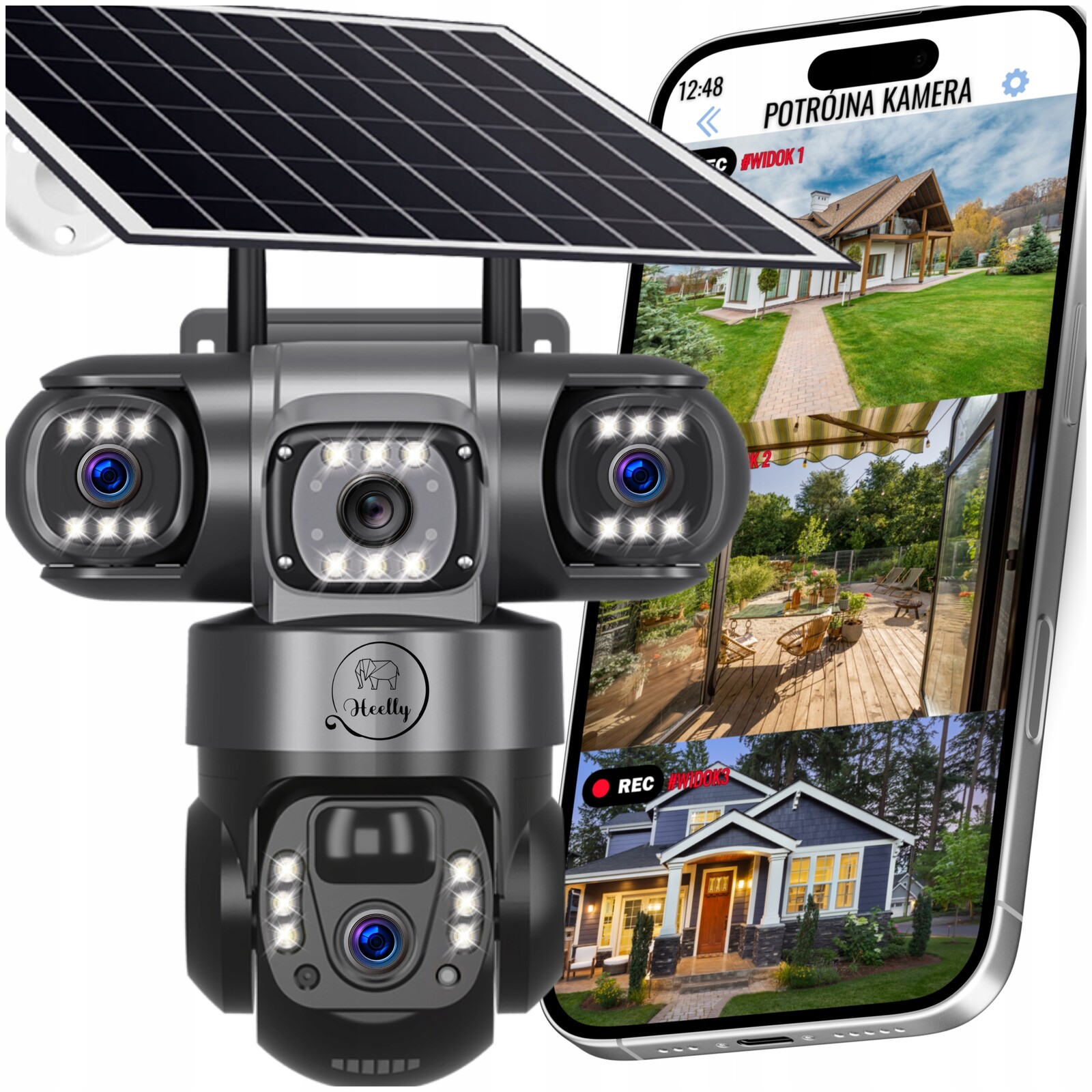 Solární Wifi Venkovní Kamera S Třemi Objektivy Hd 3X3MP, Otočná Heelly