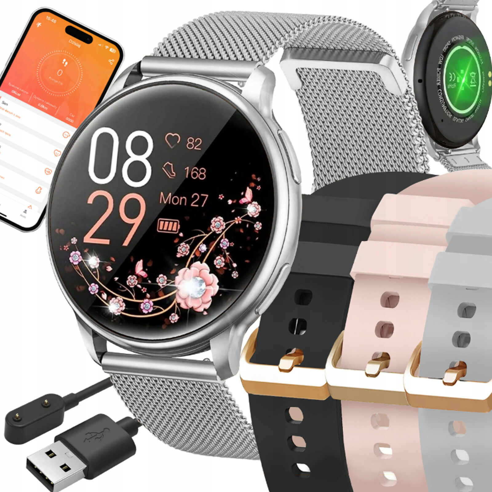 Chytré Hodinky Dámské Polské Menu Hovorů Oznámení Stříbrné Sportovní Řemínky