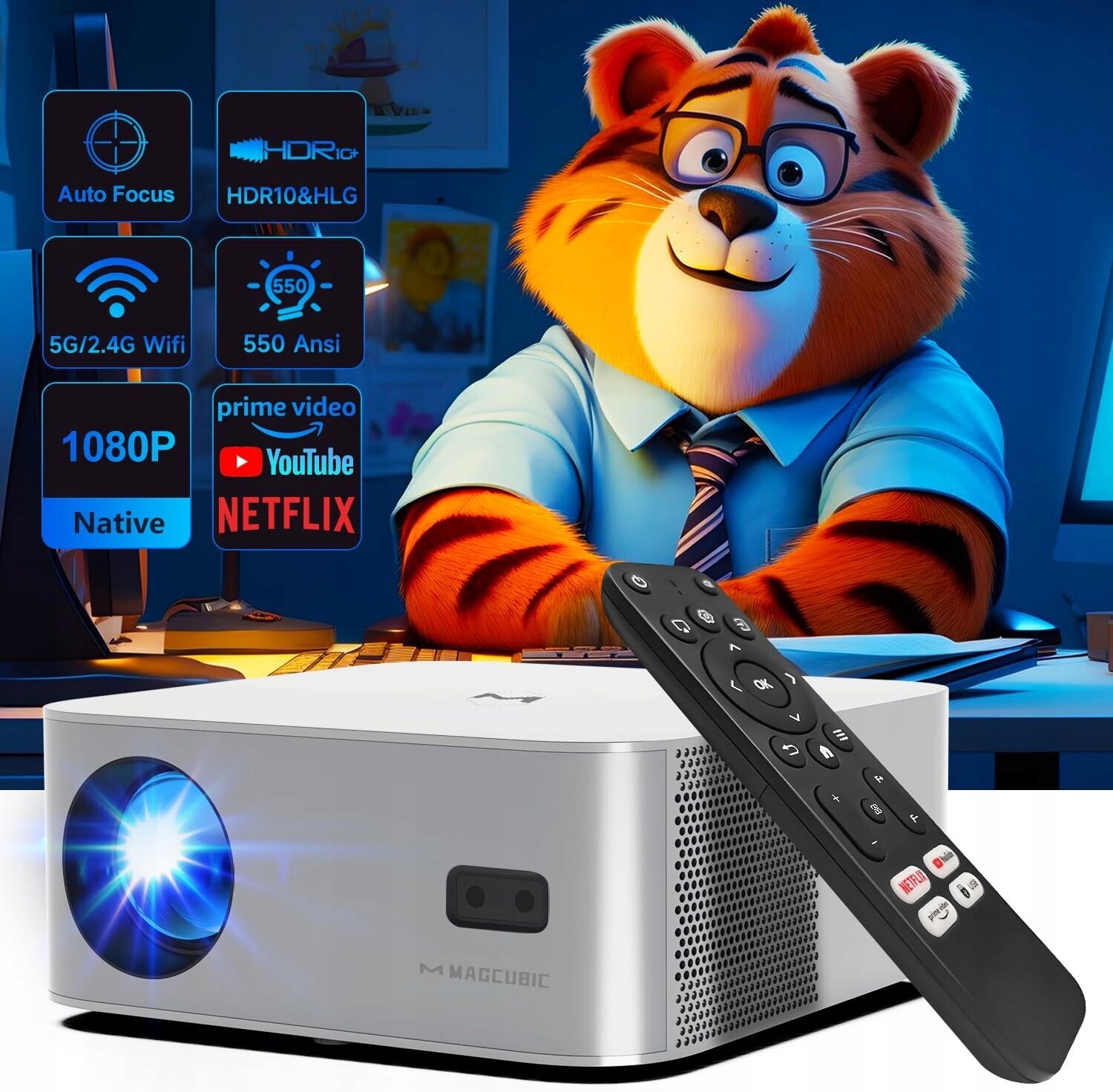 Projektor Magcubic 1080P WiFi6 BT5.2 550ANSI 4K Podpora AutoFocus Netflix