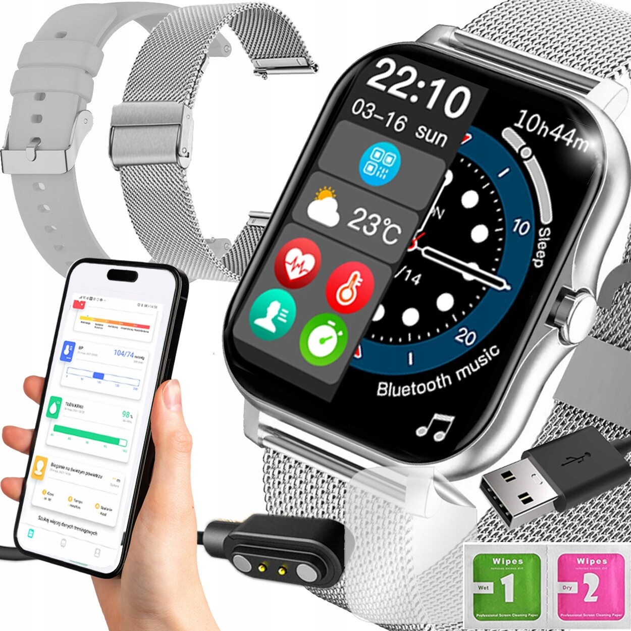 Chytré Hodinky Polské Menu Hovory Sport Smart Watch Dámské Stříbrné