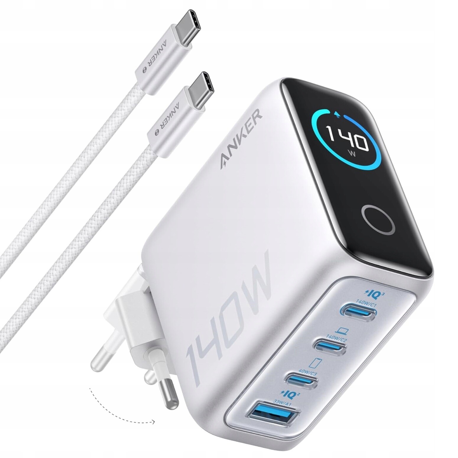Síťová Nabíječka Anker 3x Usb-c Usb 140W Stříbrná Kabel Usb-c Na Usb-c