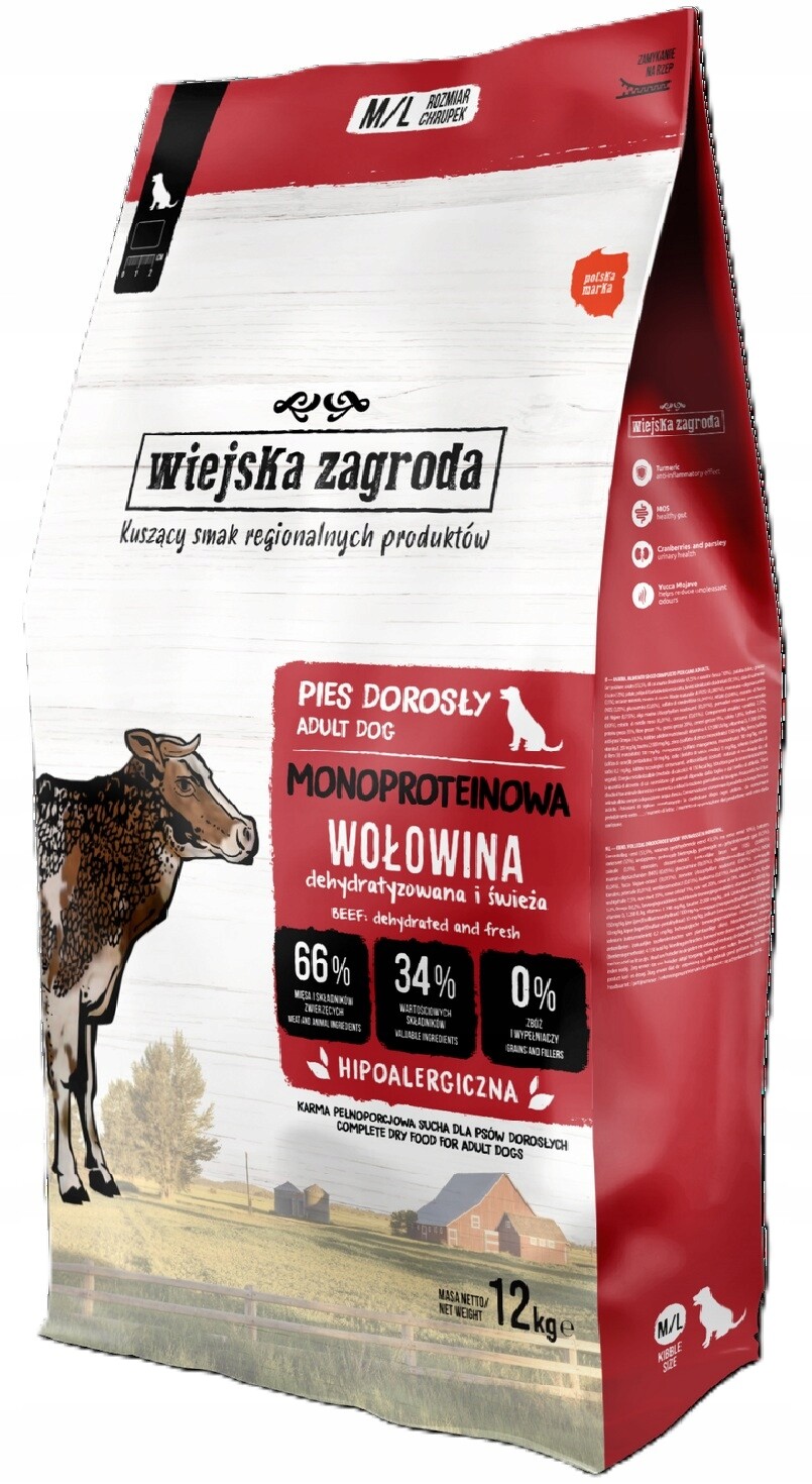 Wiejska Zagroda Suché krmivo Monoproteinové Hovězí křupky M/L 12 kg