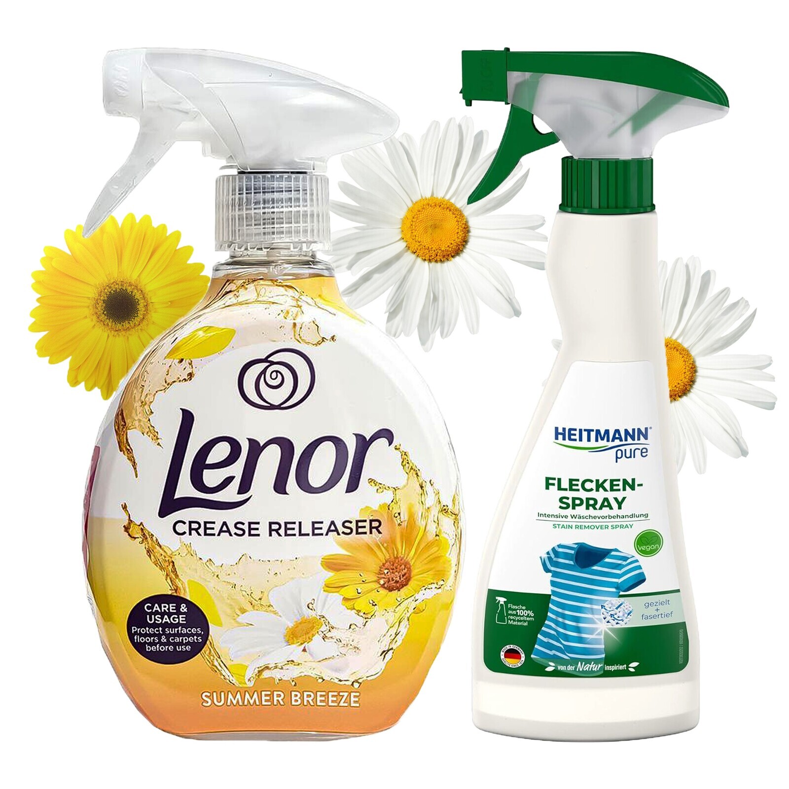 Odstraňovač skvrn ve spreji Heitmann 250 ml Tekutá žehlička ve spreji Vyhlazení Lenor 500 ml