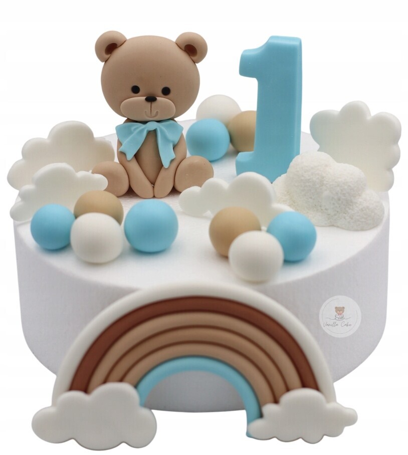 Sada Hnědý medvídek s duhou a doplňky Figurky z cukrové hmoty na dort