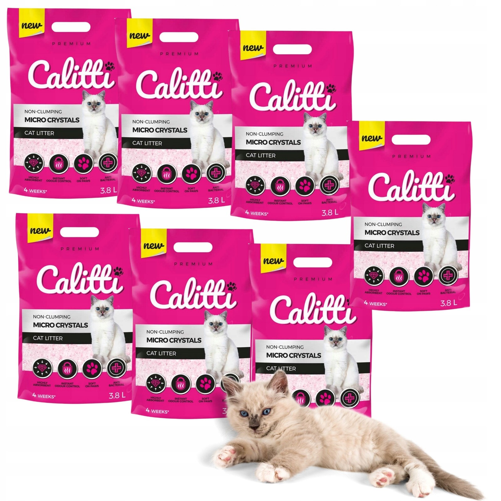 Stelivo pro kočky Calitti Crystals, jemnozrnný silikonový prach, 7 x 3,8 l