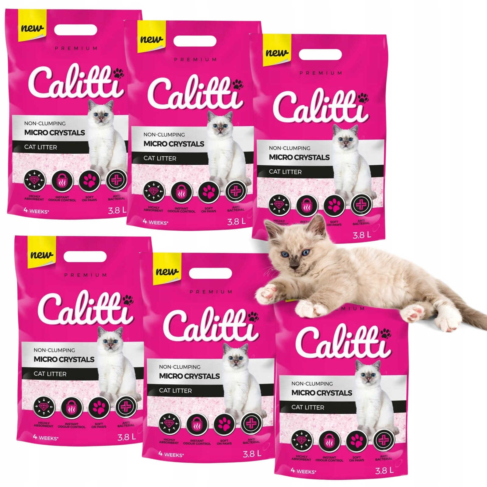 Stelivo pro kočky Calitti Crystals, jemnozrnný silikonový prach 6 x 3,8 l