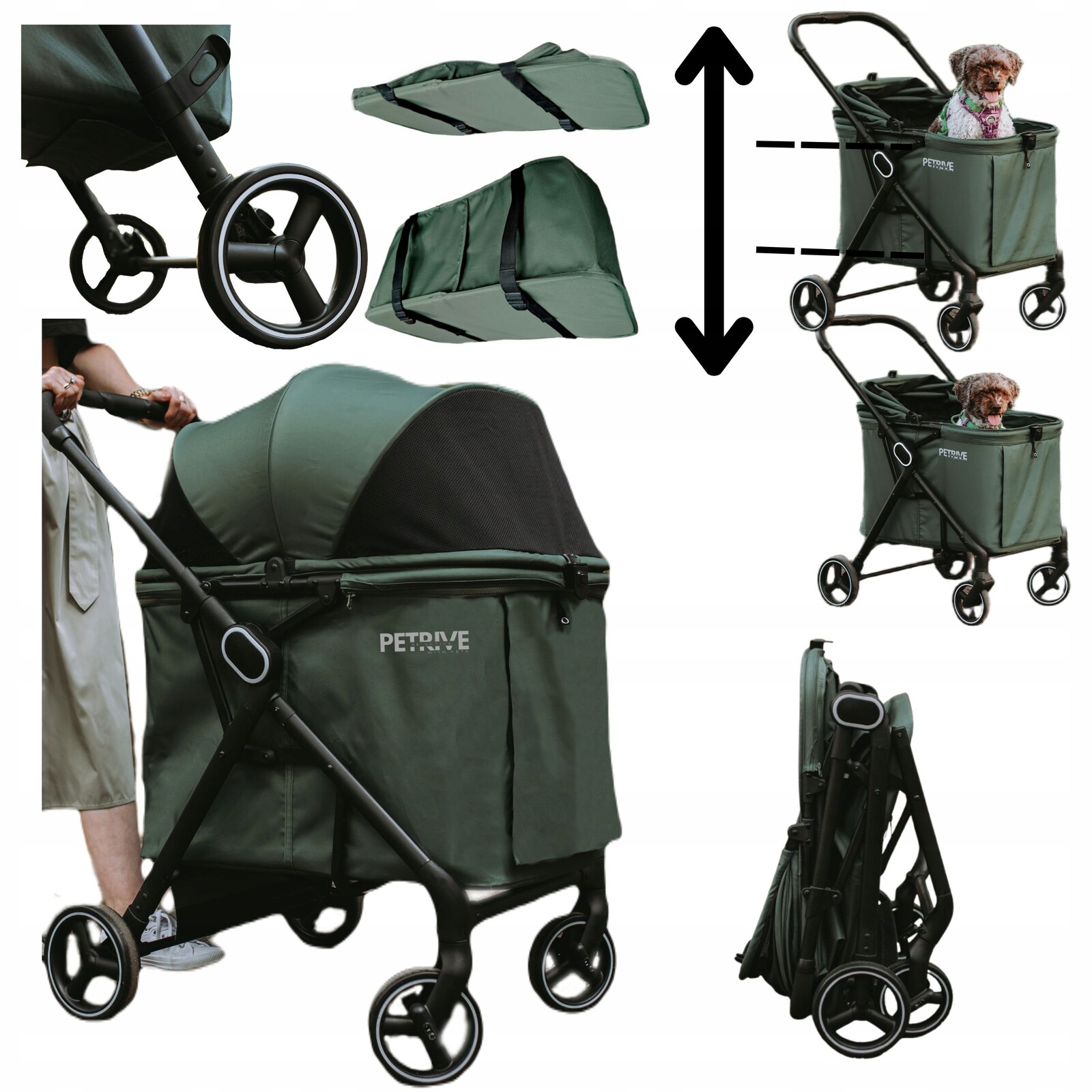 Kočárek pro psa s Nastavitelnou Výškou, přepravka pro kočky, Petrive do 30 kg