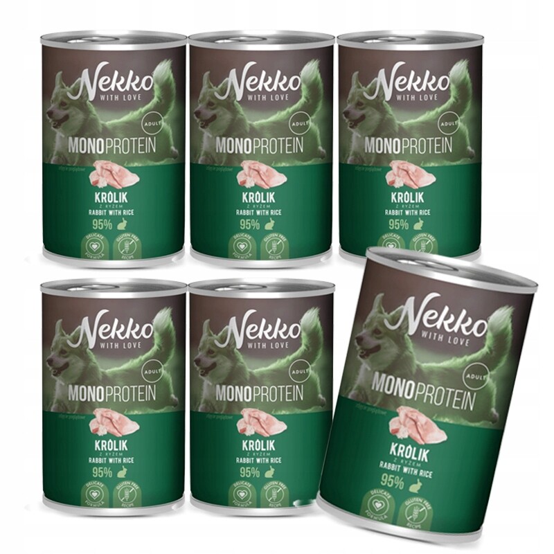 Nekko Mono Adult Vlhké krmivo pro psy Monobiałko Králík s rýží 6x400g
