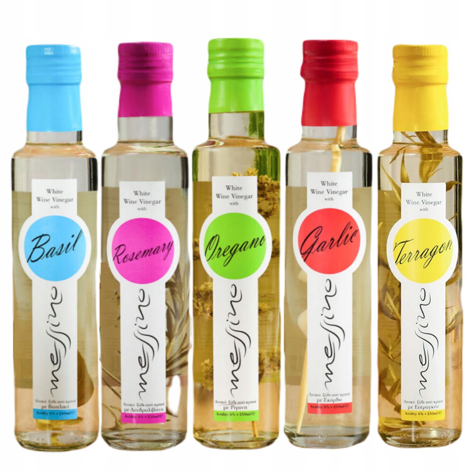 Řecký vinný ocet, sada 5 příchutí, Aromatické bylinné octy Messino