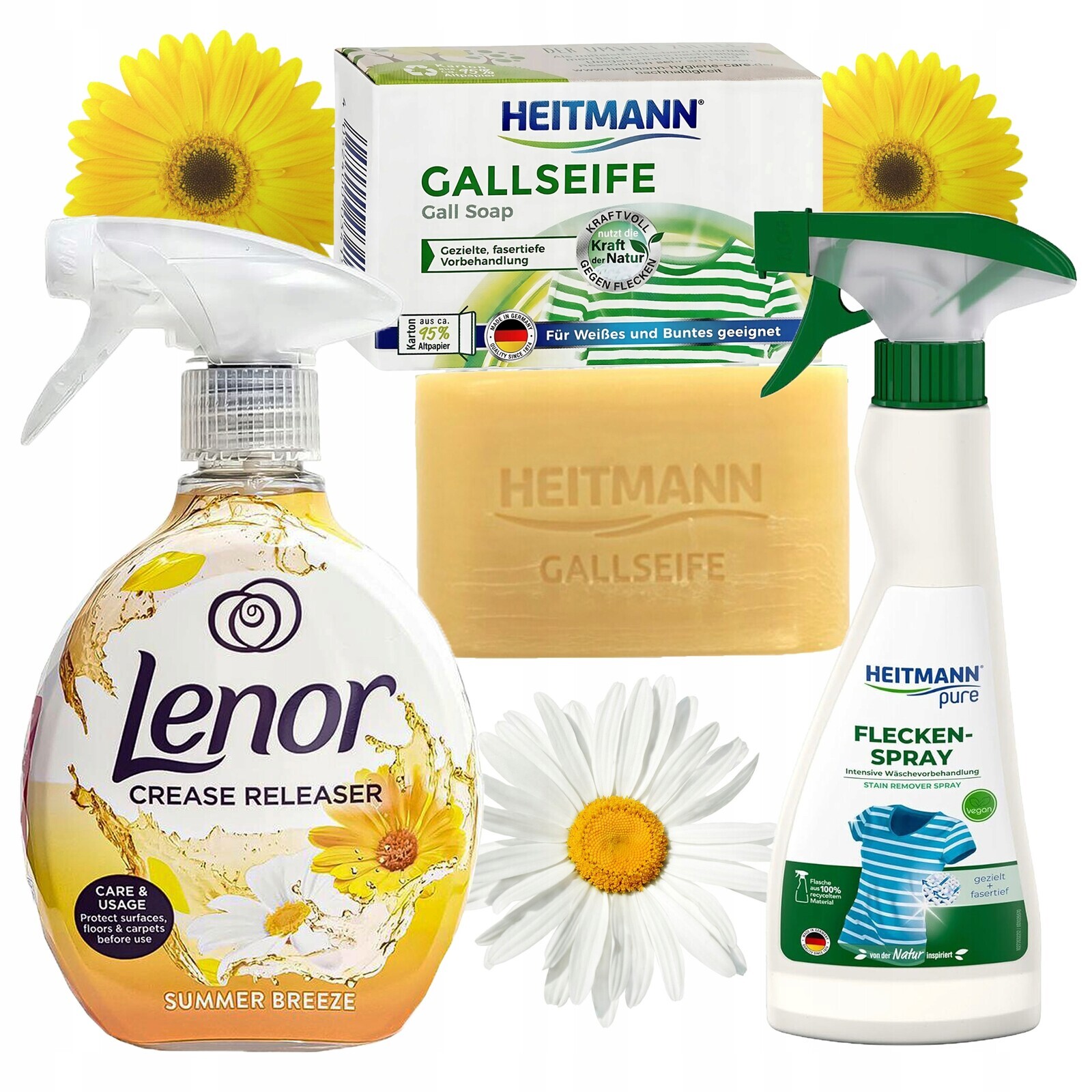 Tekutá žehlička ve spreji Lenor 500 ml odstraňovač skvrn Heitmann 250 ml Galasové mýdlo
