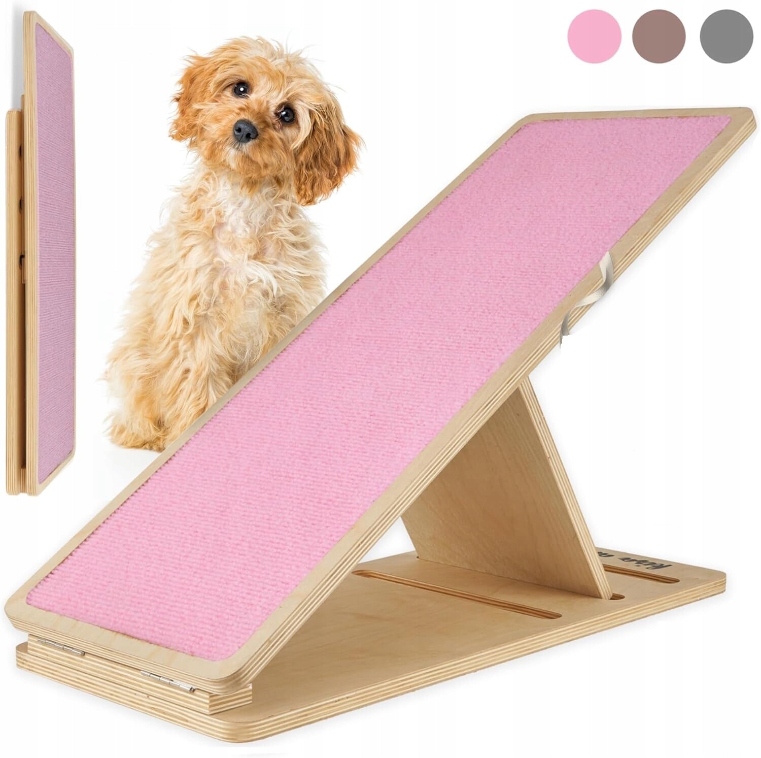 Ruby dřevěná rampa pro psa růžová 30–50 cm, skládací, nastavitelná, protiskluzová