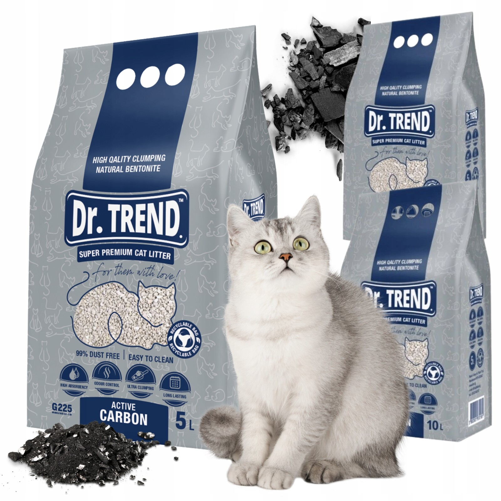 Dr. Trend Premium bentonitové stelivo pro kočky s aktivním uhlím 25 l