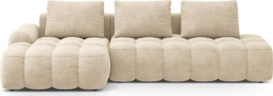 Béžová sametová rozkládací/s úložným prostorem rohová pohovka (levý roh/s lenoškou) Linz – Cosmopolitan Design