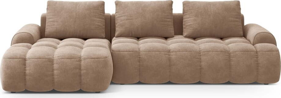 Světle hnědá sametová rozkládací/s úložným prostorem rohová pohovka (levý roh/s lenoškou) Linz – Cosmopolitan Design