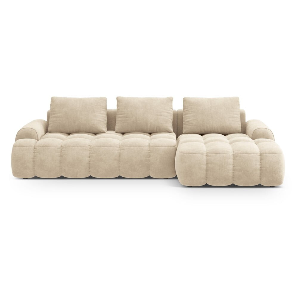 Béžová sametová rozkládací/s úložným prostorem rohová pohovka (pravý roh/s lenoškou) Linz – Cosmopolitan Design