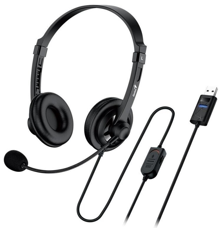 Genius headset - HS-230U, náhlavní, drátový, s mikrofonem, ovládání hlasitosti, délka kabelu 2,4m, USB, černý