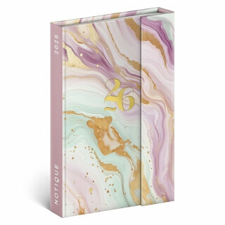 Diář 2026: růžový mramor - týdenní, magnetický, 11 x 16 cm