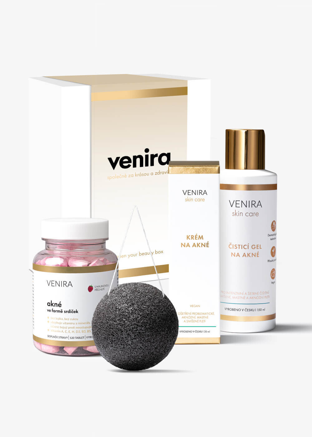 VENIRA dárková sada stop akné - srdíčka proti akné, konjaková houbička, krém na akné, čisticí gel na akné