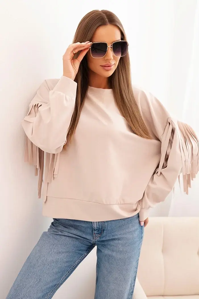 Kesi Włoski Dámská mikina s ozdobnými rukávy máslová béžová