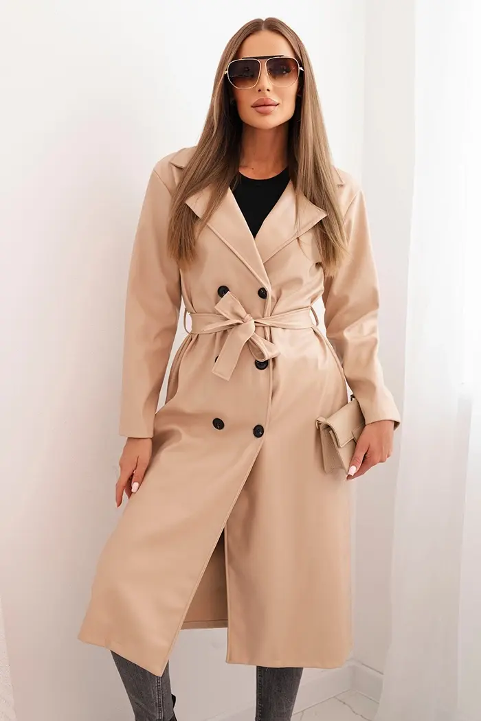 Kesi Włoski Dámský trench z eko kůže s páskem a límcem béžový