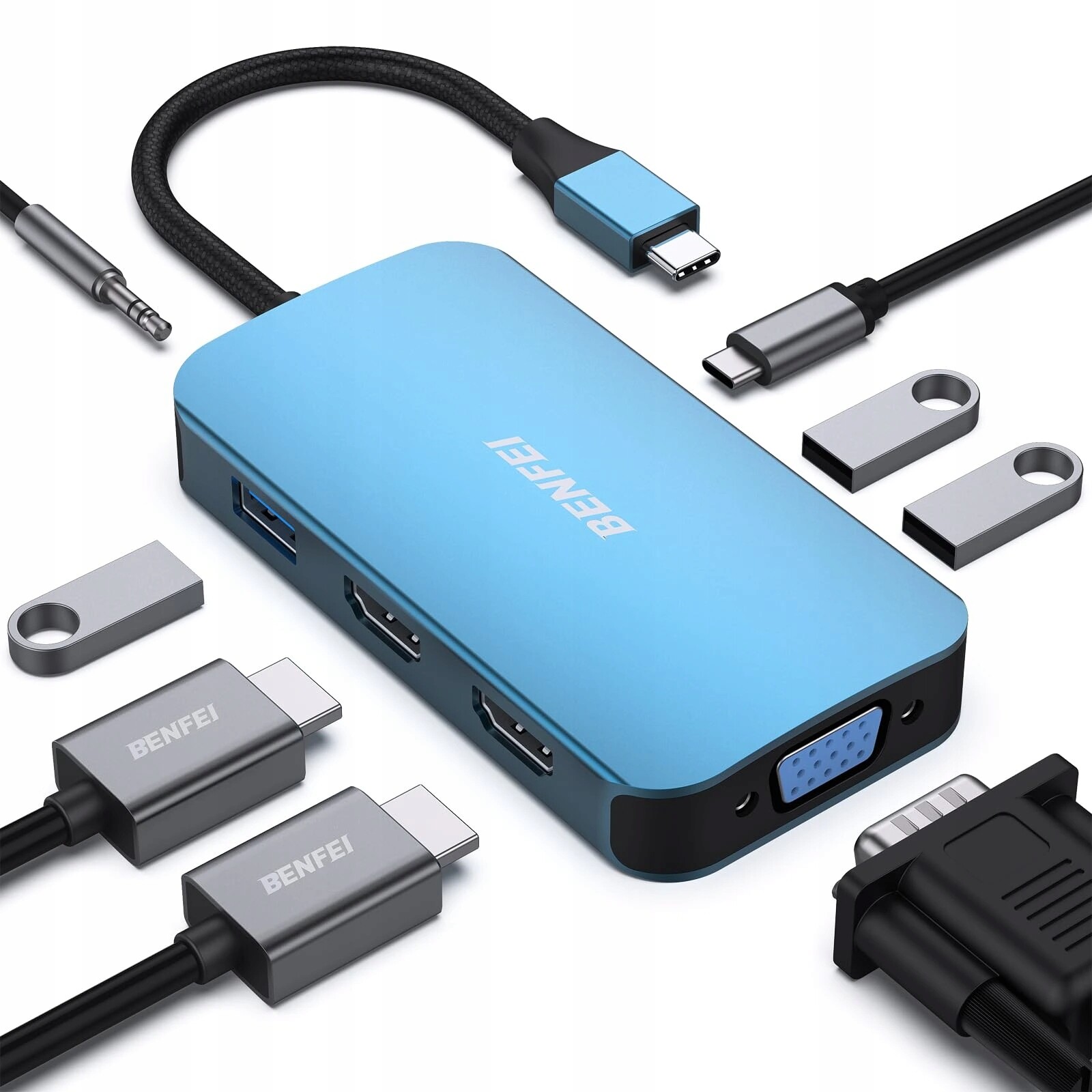 Benfei Usb-c Hub 8v1: Hdmi, Vga, Usb 3.0, Power Delivery a Aux (modrý)