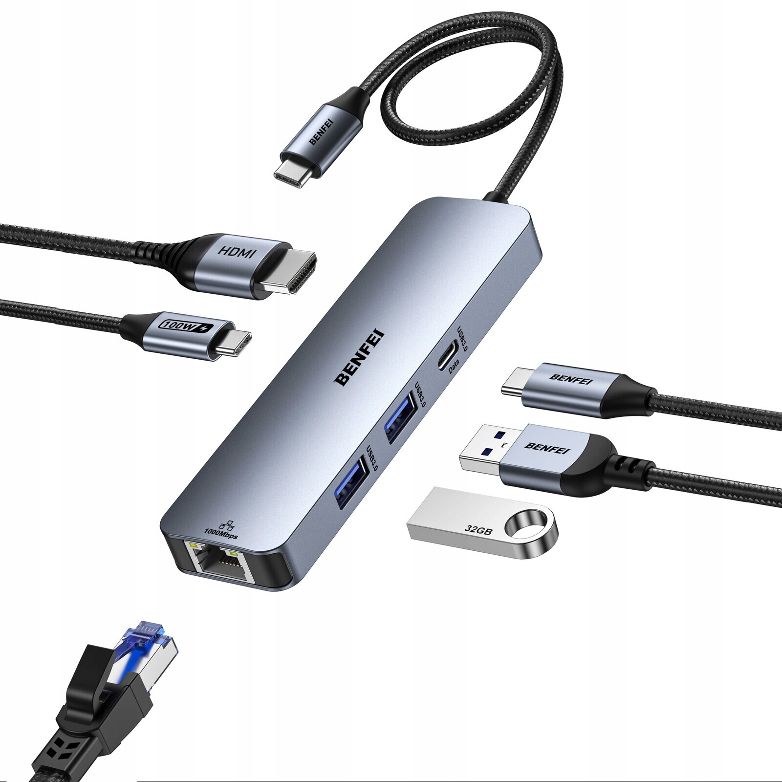 Benfei 6v1 Usb-c Hub s Hdmi (4K@60Hz), 2 Usb-a porty, 1 Usb-c datový port