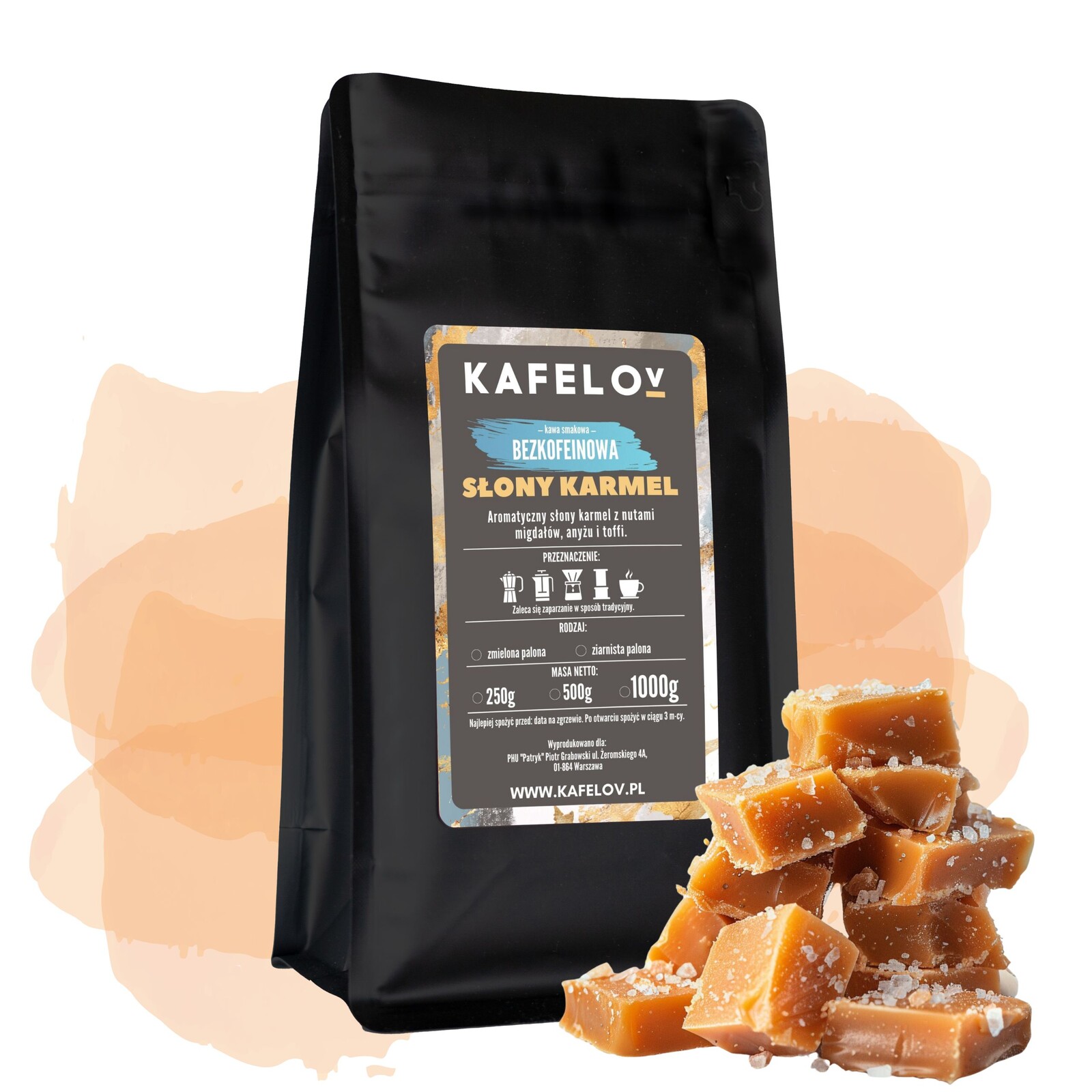 Káva zrnková, bezkofeinová, příchuť Slaný Karamel 1 kg arabika