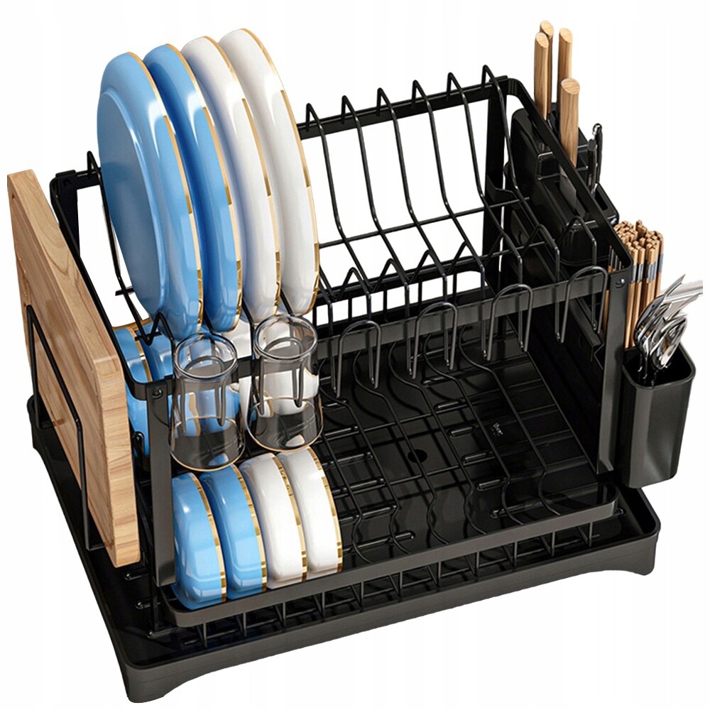 Velký Odkapávač Na Příbory, Dvouúrovňová Sušička Na Nádobí, Černá, Kovová Barva