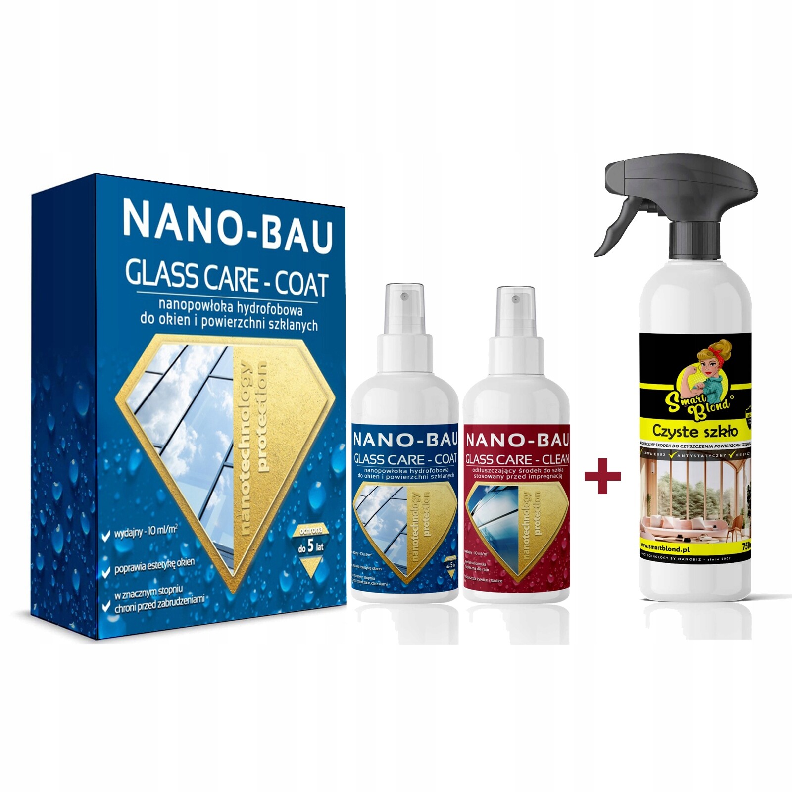 Sada na okna Nano-bau Glass Care 100 ml Smartblond čisté sklo 750 ml