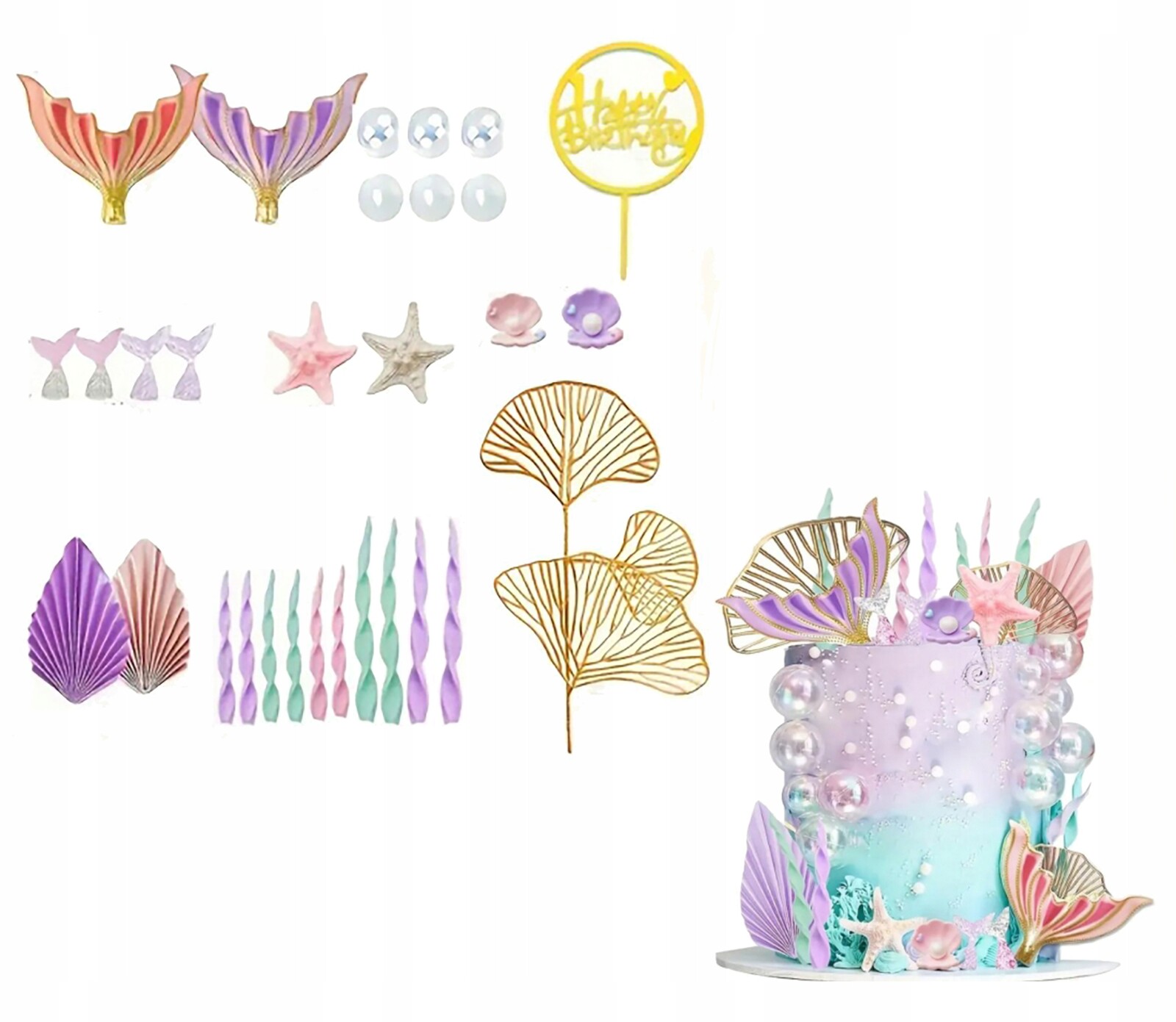 Zápich Sada Ozdob Mušle Ocas dort Mořská Panna Dekorace Narozeniny 30ks