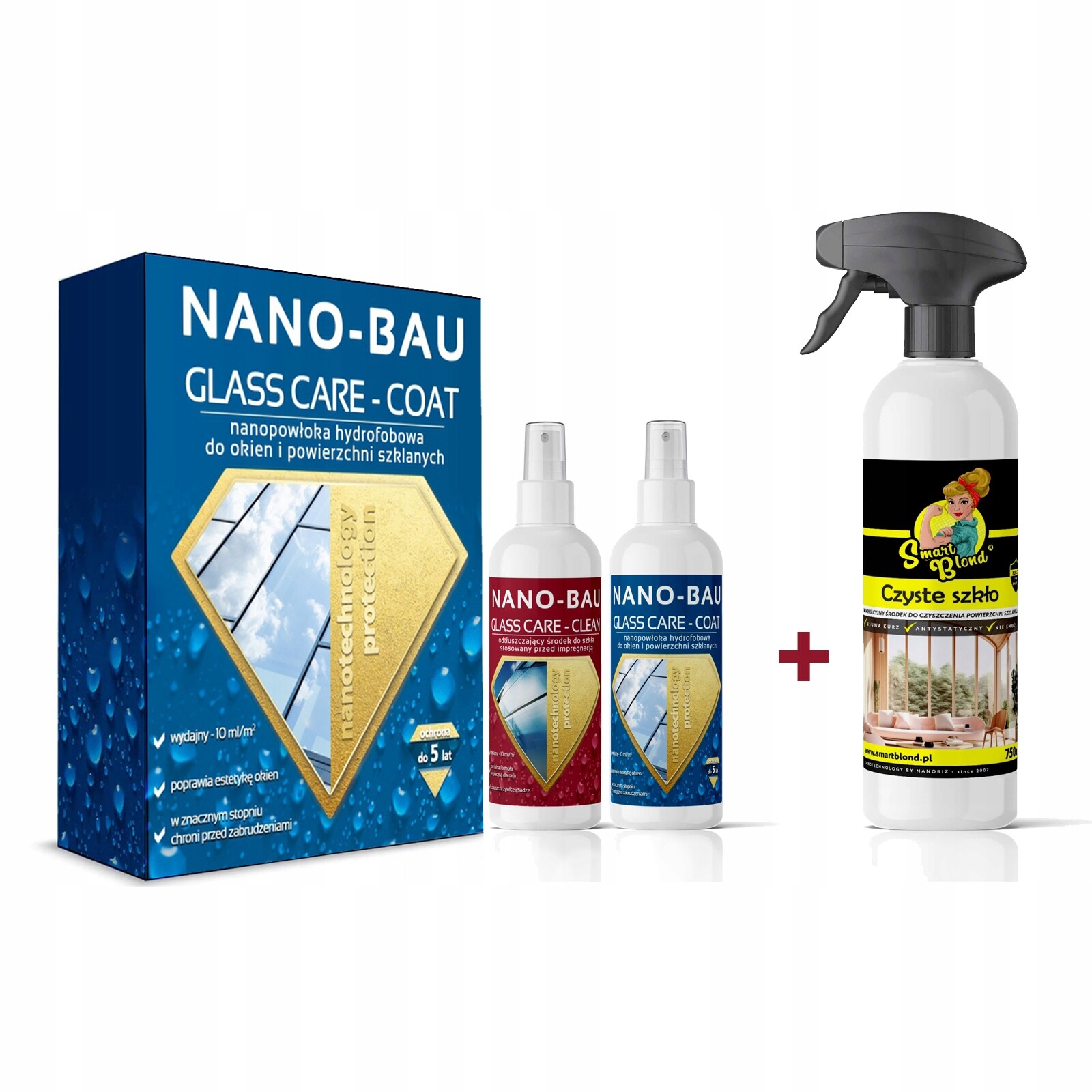 Sada na okna Nano-bau Glass Care 60 Ml Smartblond čisté sklo 750 ml
