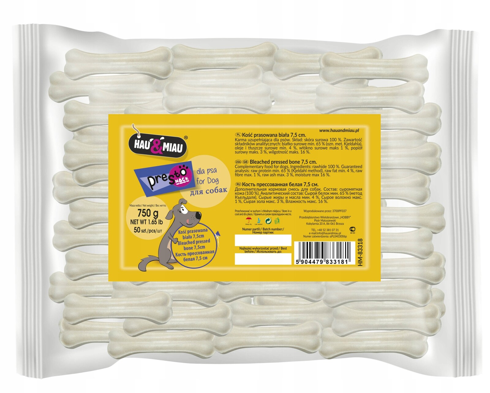 Lisovaná Kost Hm Bílá 7,5cm, 50 Ks/op, 750g/op