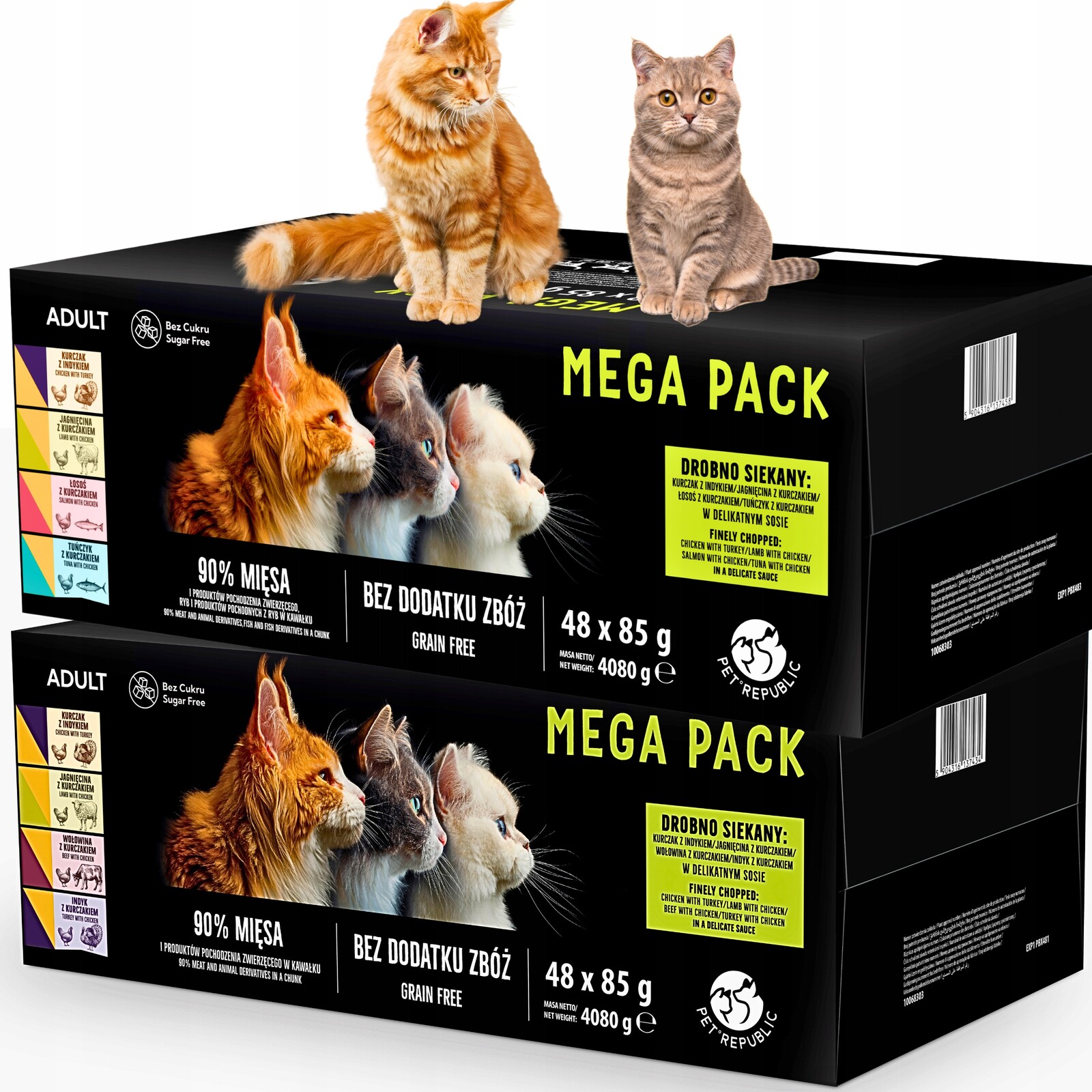 PetRepublic krmivo krmivo pro kočky 90 % masa MIX 6 příchutí 144 x 85 g 12 kg