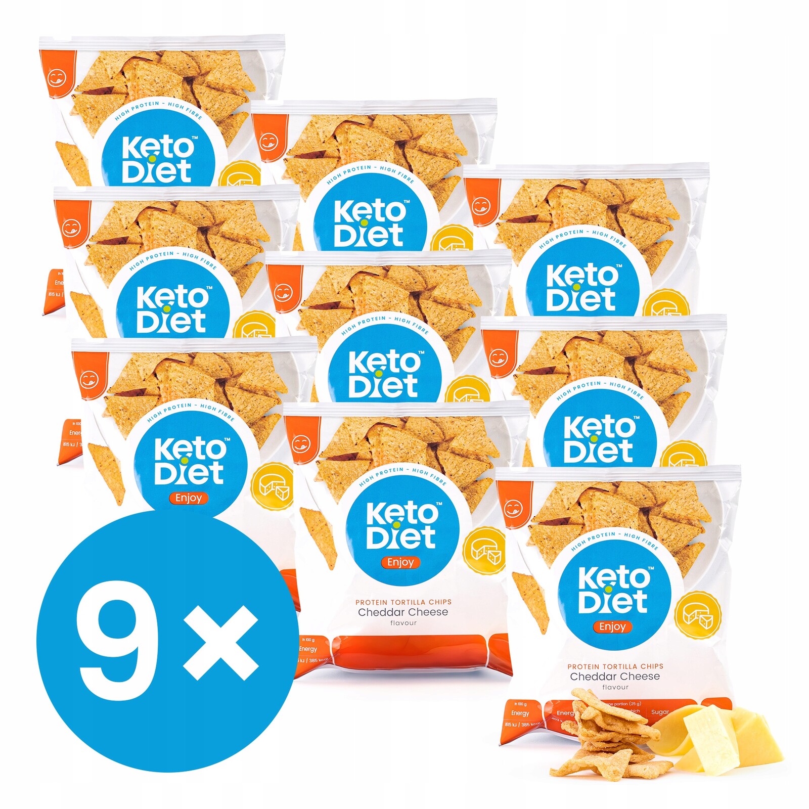 Proteinové tortilla chipsy příchuť chedar Multipack 9 balení (9 × 25 g)