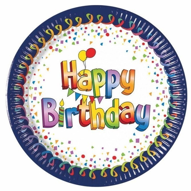 Talířky papírové Happy Birthday modré okraje 23 cm 8 ks