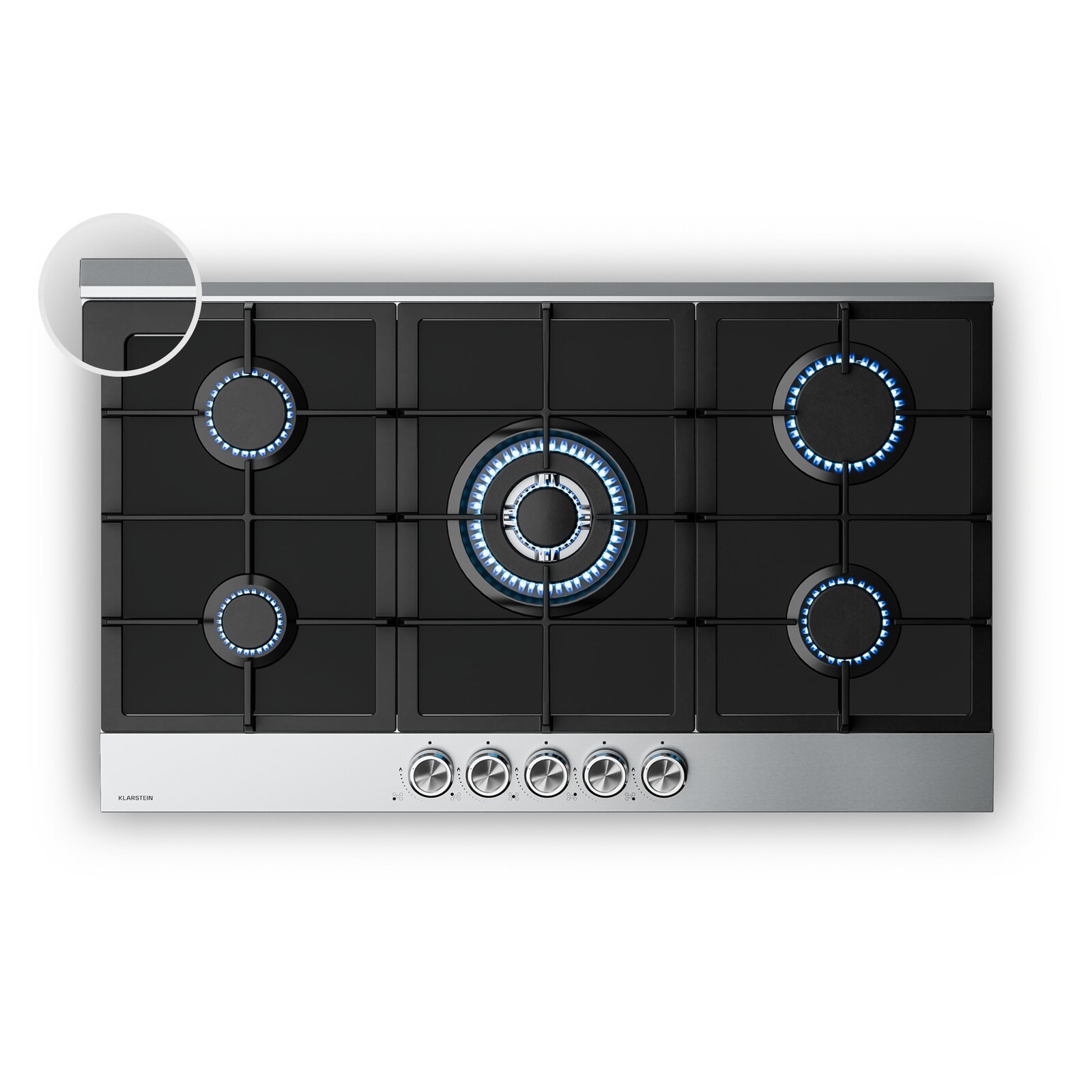 Klarstein Verosteel plynová varná deska 90cm, 5 hořáků, elektrické zapalování, kompatibilní s zemním plynem a LPG, 10400W