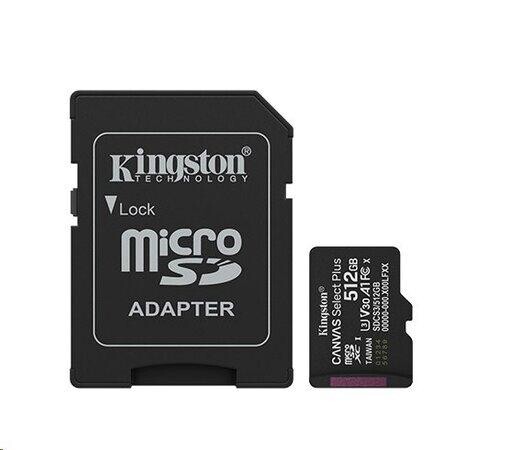 Kingston paměťová karta 512GB Canvas Select Plus Gen 3 microSDXC 150R A1 C10 Card + ADP