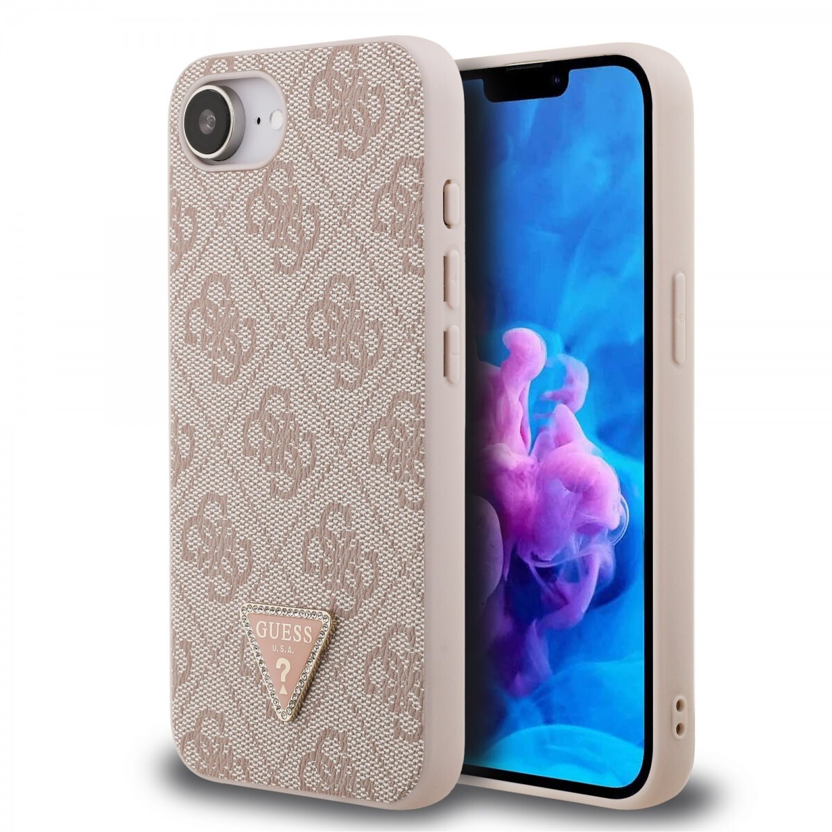Zadní kryt Guess PU 4G Strass Triangle Metal Logo pro iPhone 16e Pink