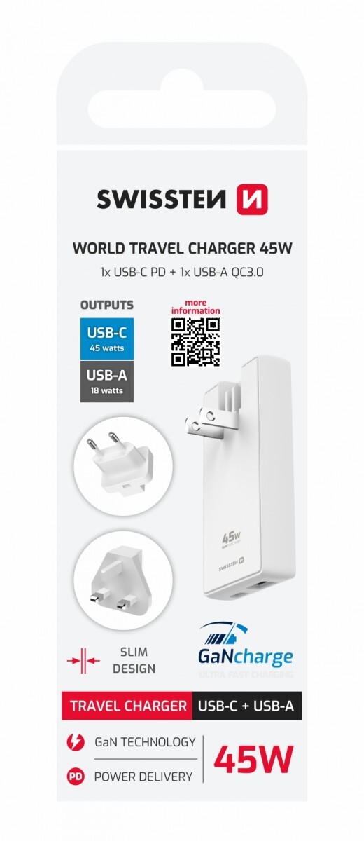 Adaptér Swissten GAN USB-C + USB-A 45W výměnné vidlice (us, eu, uk) bílý