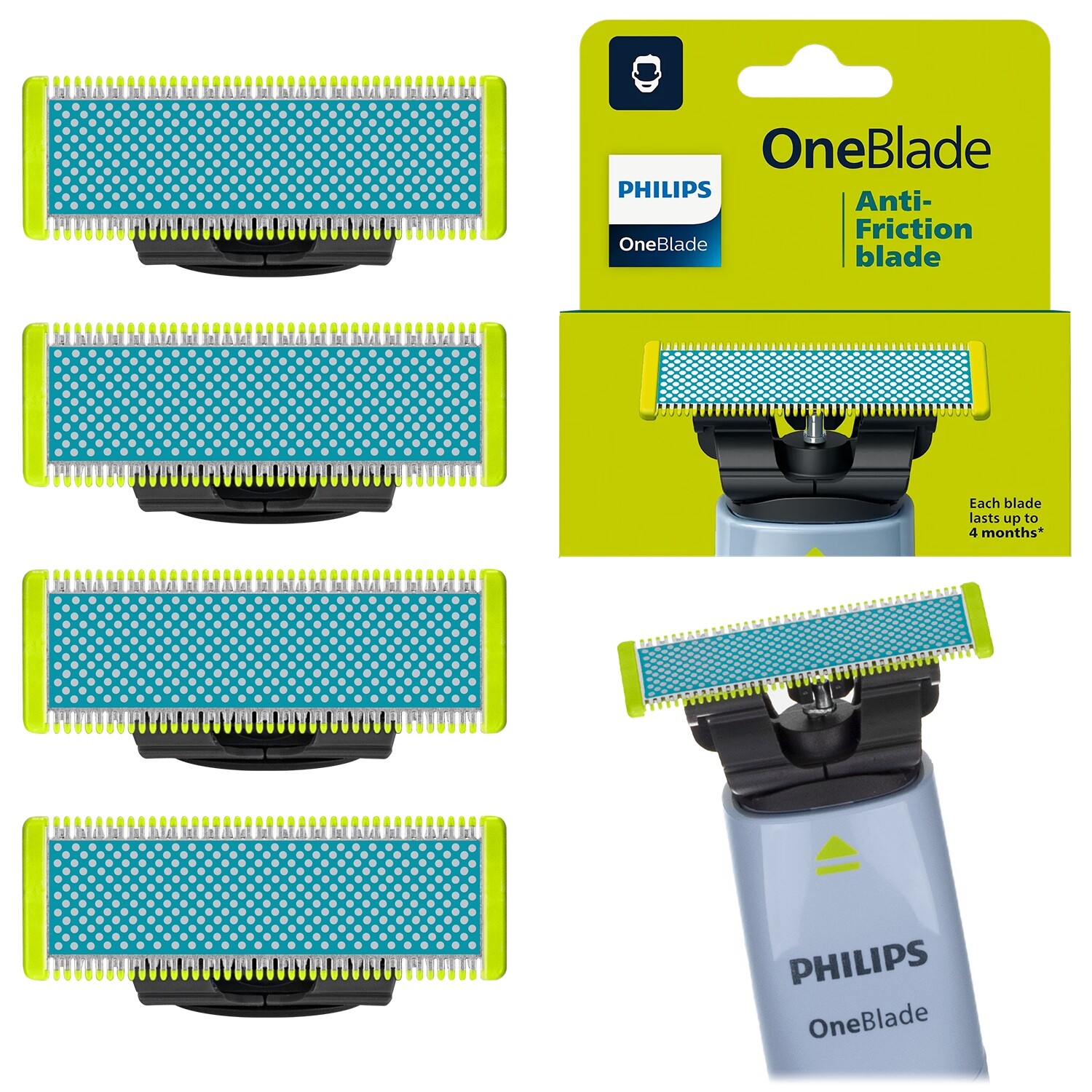 4x Vyměnitelná Čepel Pro Holicí Strojek Philips Oneblade Citlivá Kůže 4KS QP225/50
