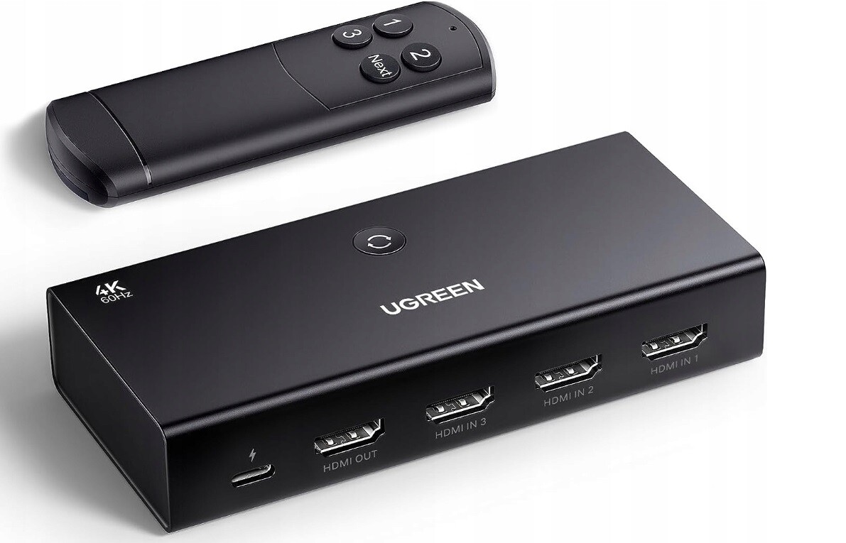 Přepínač Hdmi Switch Ugreen CM598 Rozdělovač Signálu 2.0 3V1 Dálkové Ovládání