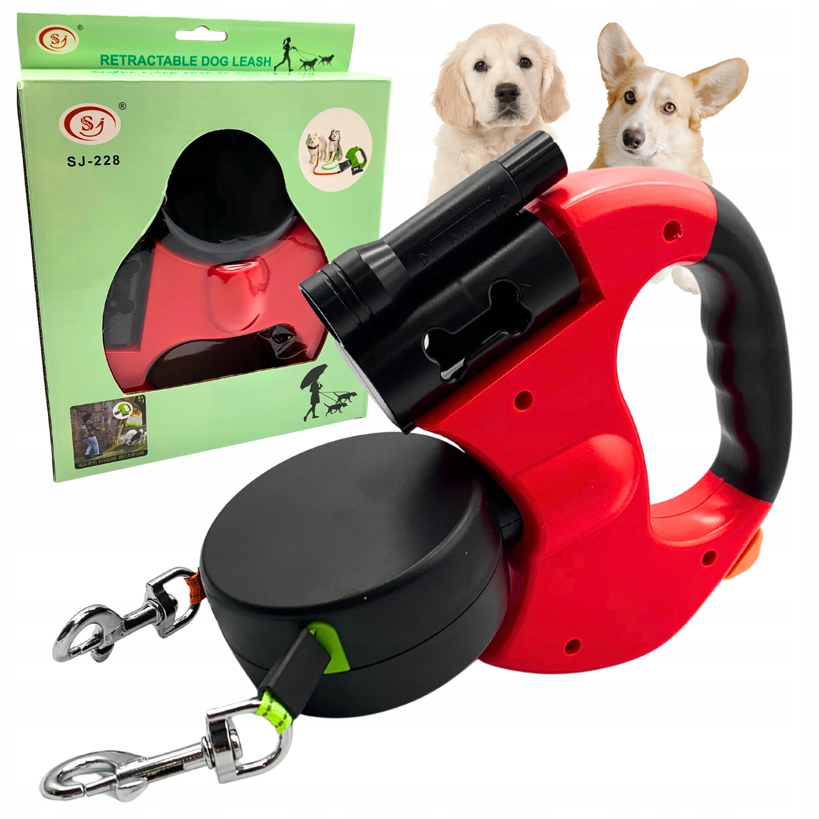 Vodítko pro dva psy 3M dvojité s svítilnou, pevná páska