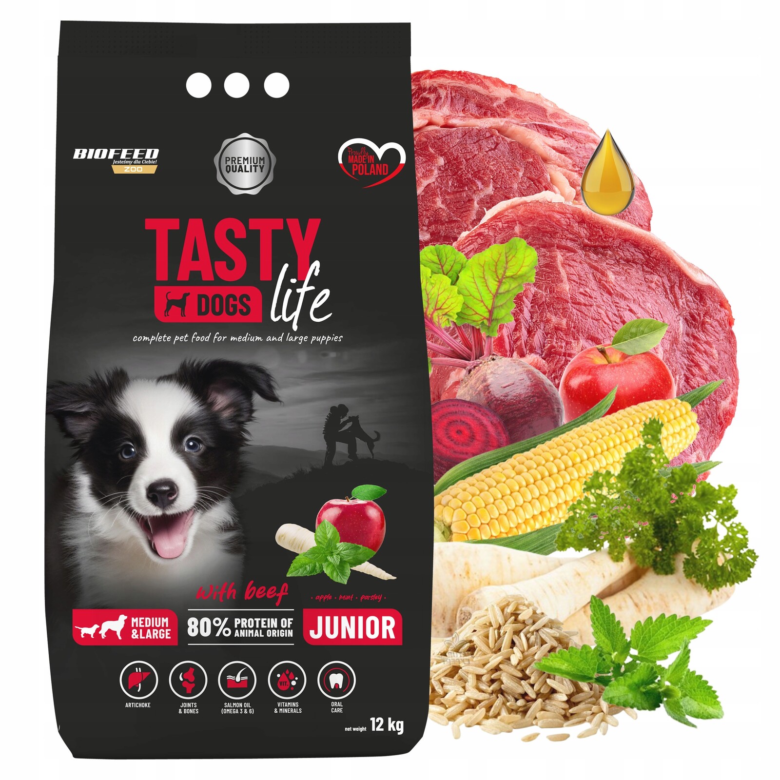 Biofeed Tasty Life Junior Medium Large Hovězí krmivo pro psy, suché, 12 kg