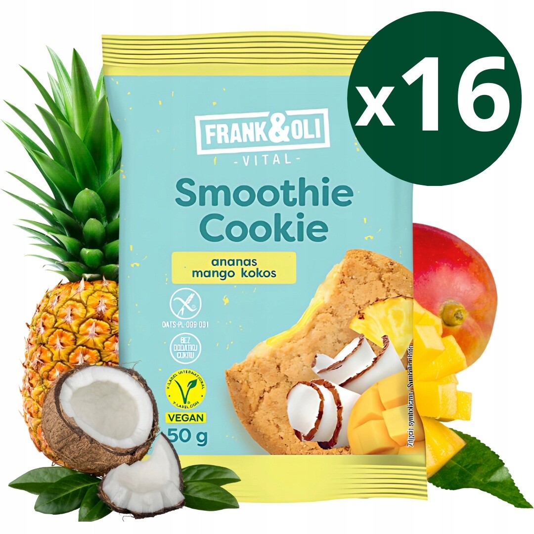 16 x Bezlepkové Ovesné sušenky kokos ananas mango 50 g Frank & Oli Vital